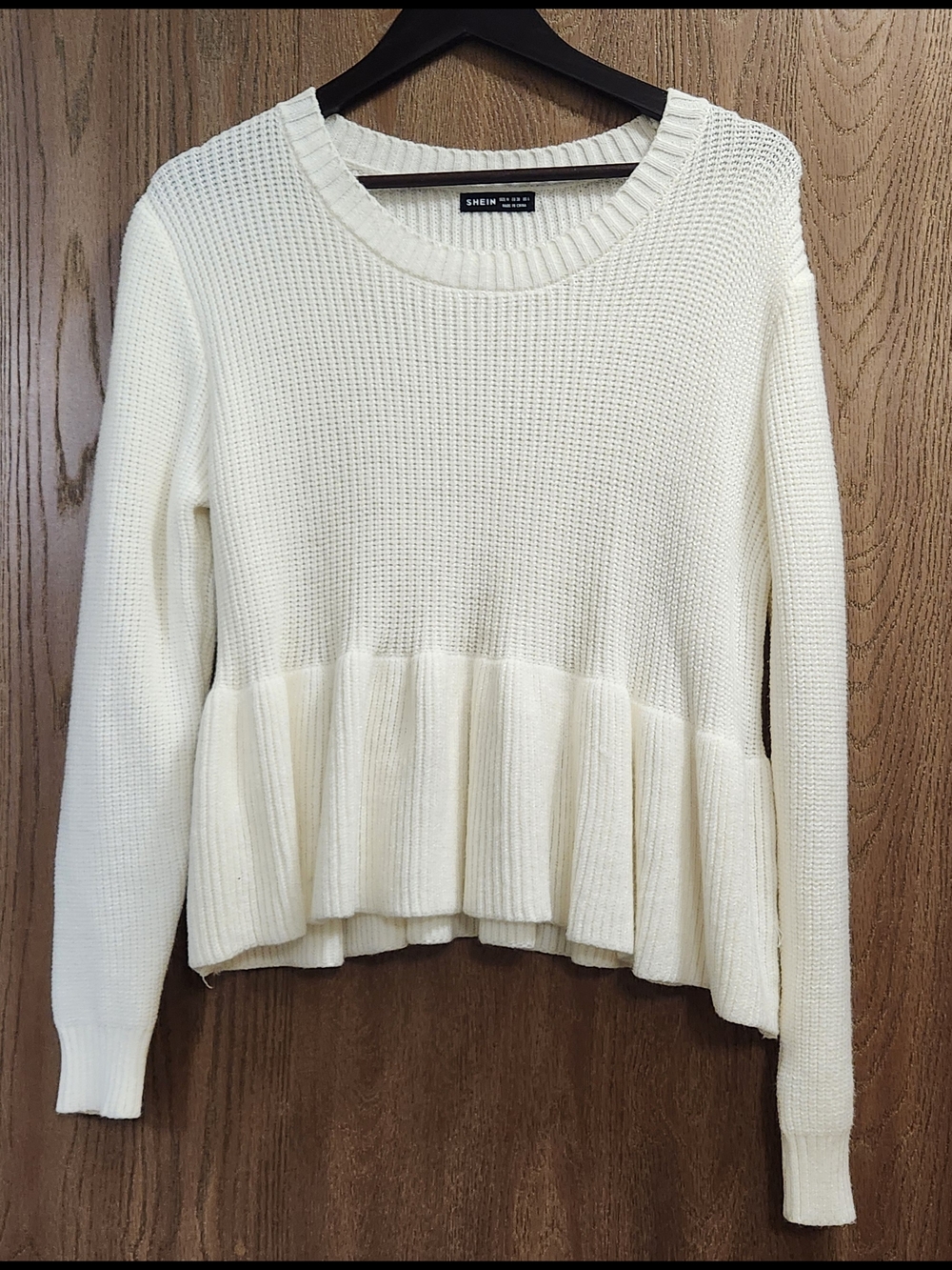 SHEIN Cream Textured Peplum Crewneck Sweater